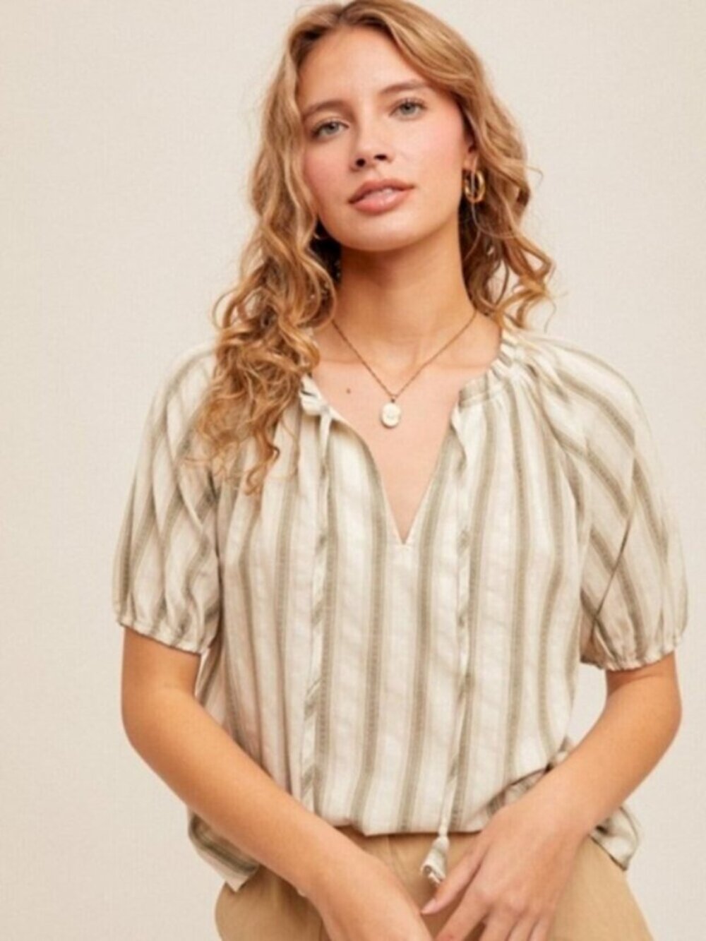 HEM & THREAD Short Puff Sleeve Striped Blouse Olive Green and Cream NWT